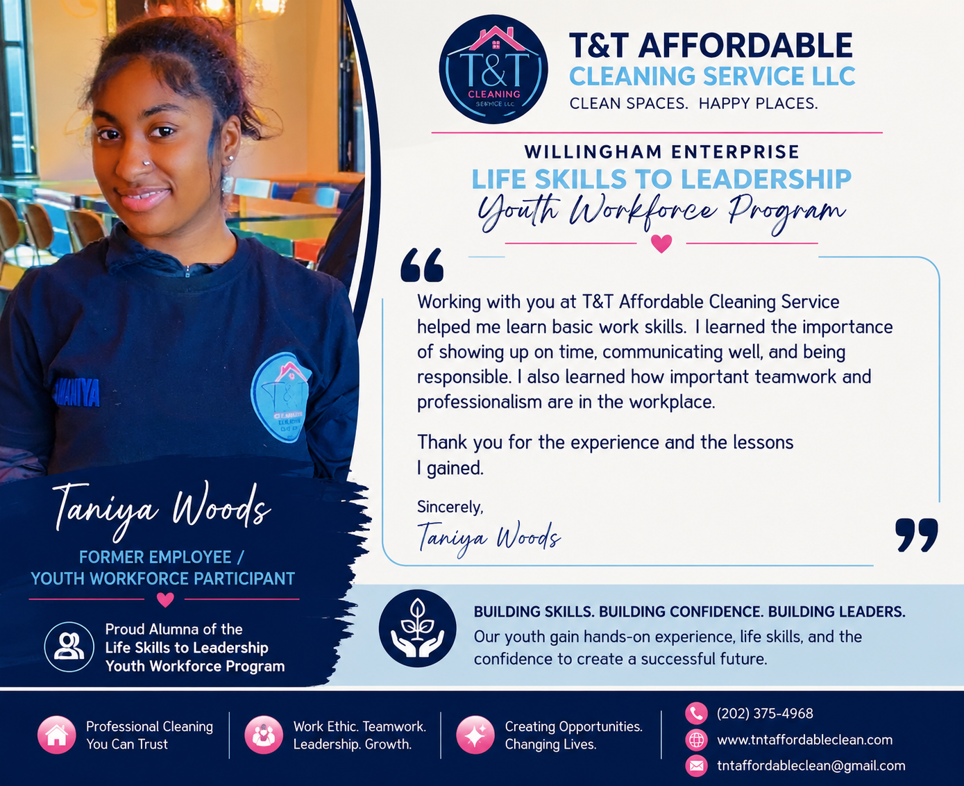 Testimonial from Taniya Woods, Youth Workforce Program participant at T&T Affordable Cleaning Service