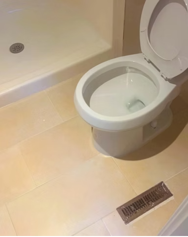Clean tiled bathroom floor with sanitized toilet and shower base
