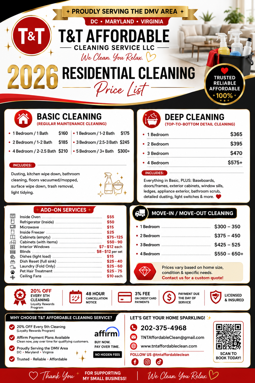 T&T Affordable Cleaning Service 2026 residential cleaning price list flyer