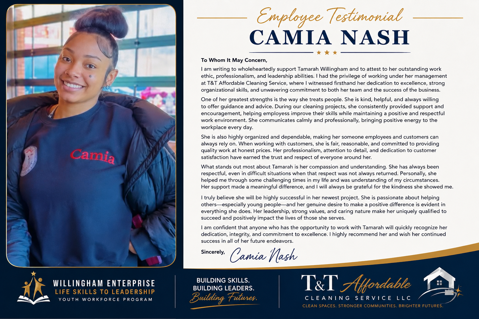 Employee testimonial from Camia Nash praising Tamarah Willingham's leadership at T&T Affordable Cleaning Service
