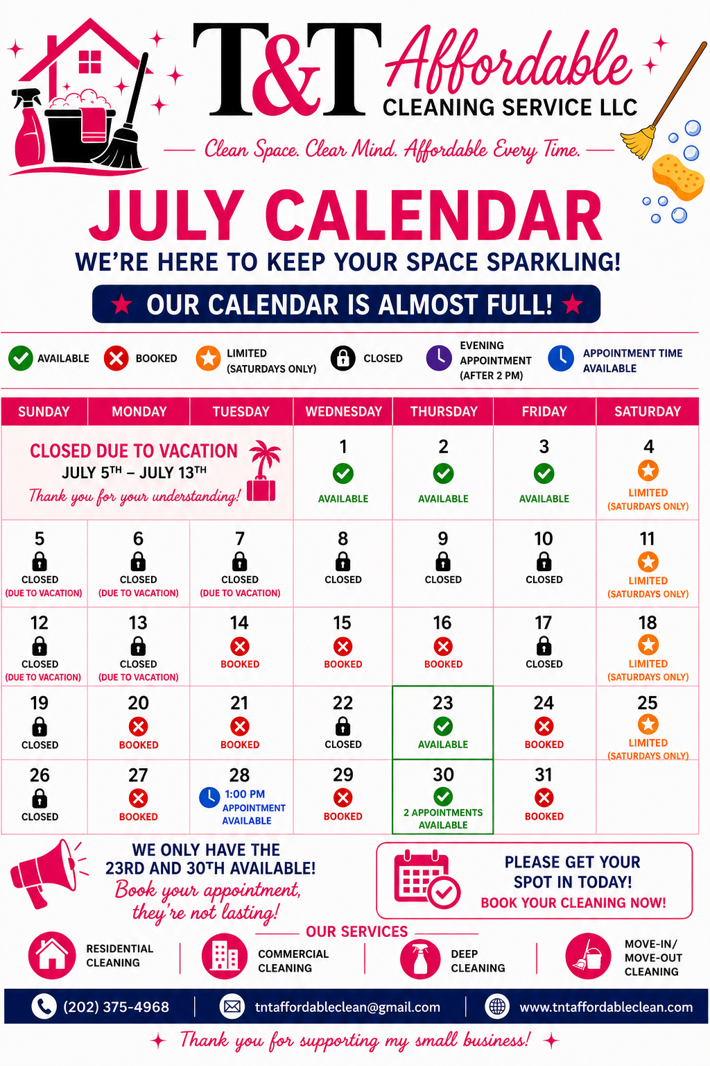 T&T Affordable Cleaning Service July availability calendar