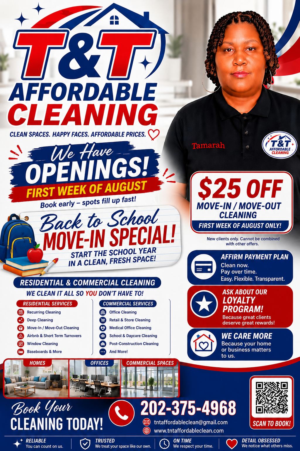 T&T Affordable Cleaning Service back to school move-in special flyer with $25 off